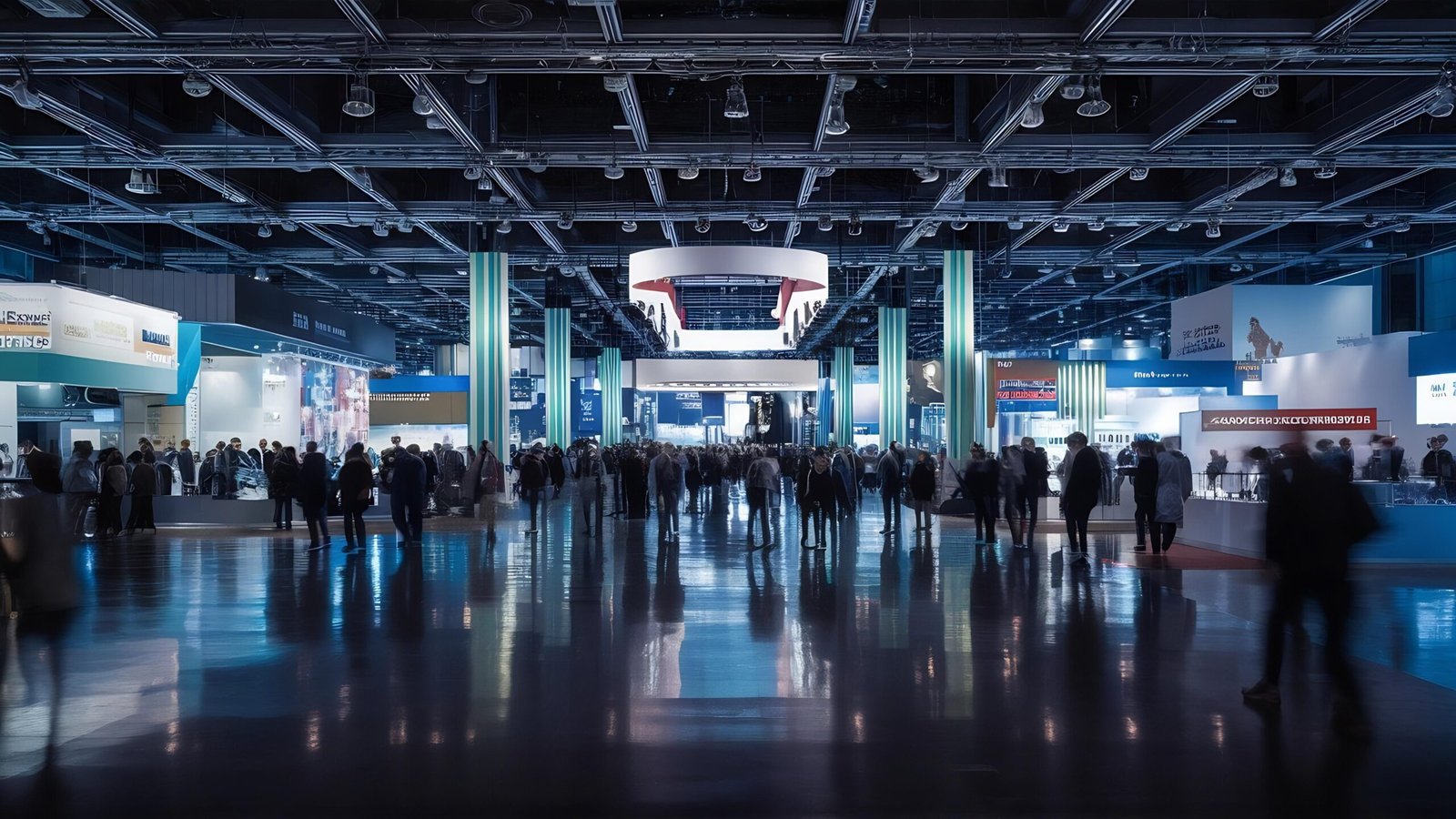 Large exhibition hall with visitors walking through event booths