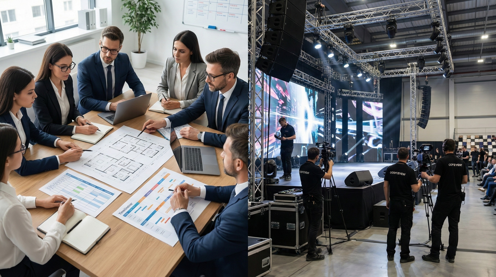 event planning vs event production comparison showing structured planning and live technical execution by Dot Event