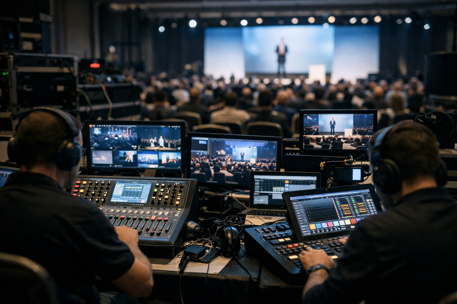 conference production in jordan technical control room with audio and lighting consoles