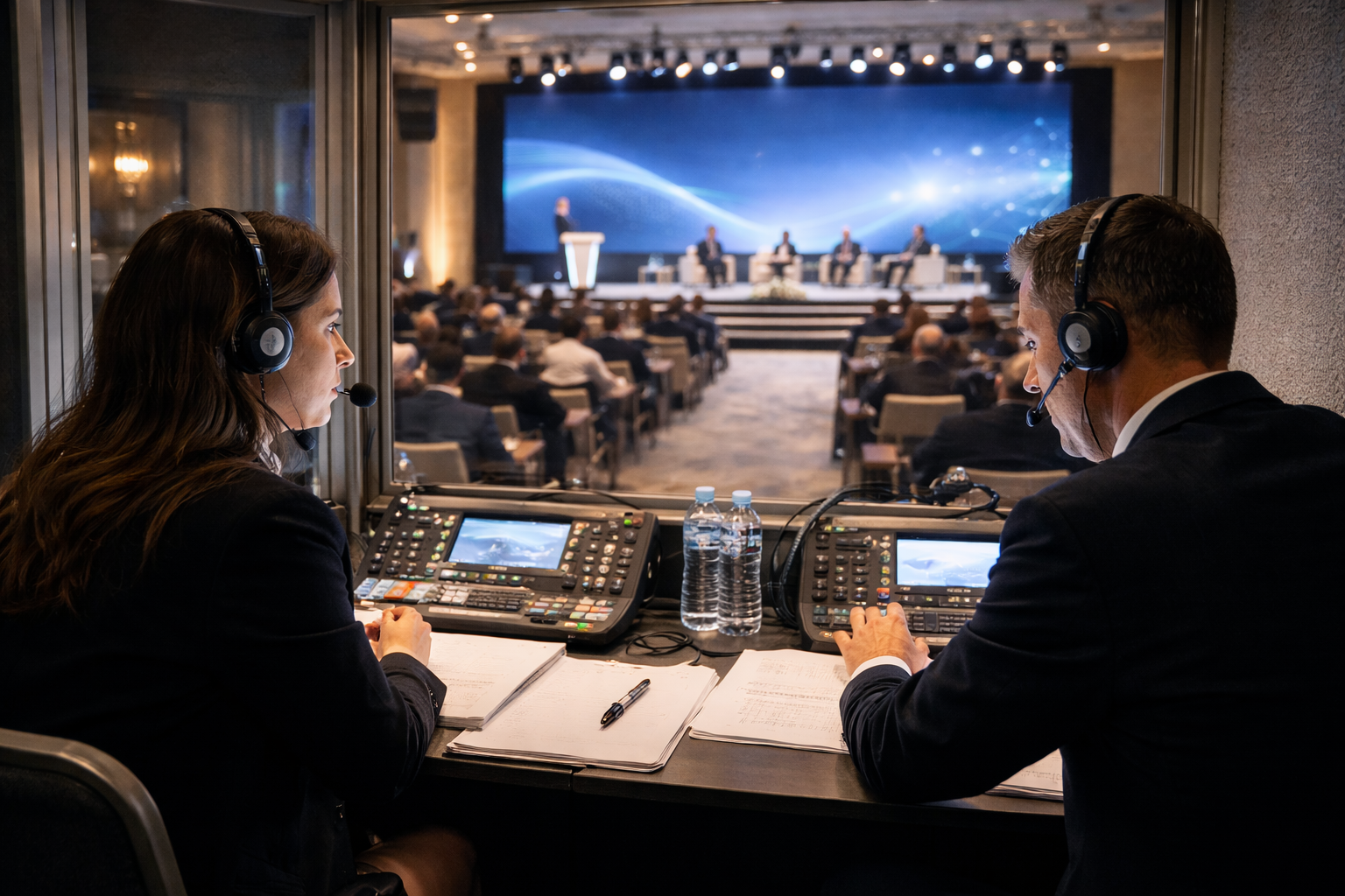 professional cameras recording corporate conference stage during live event