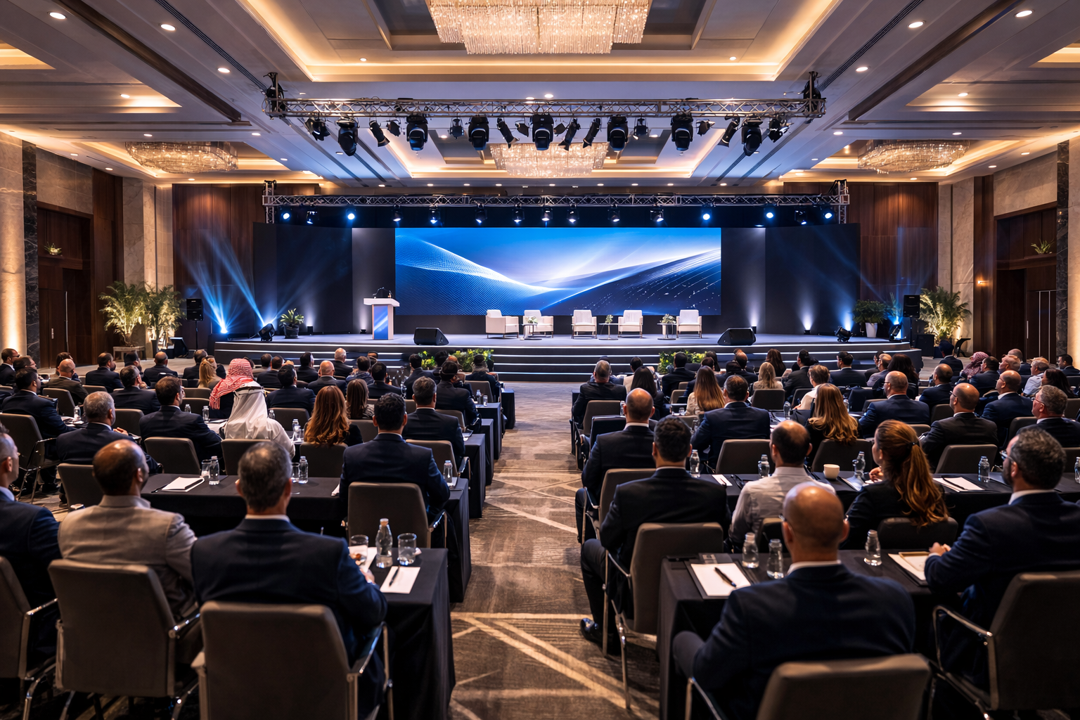 corporate conference stage layout with LED wall and panel discussion setup
