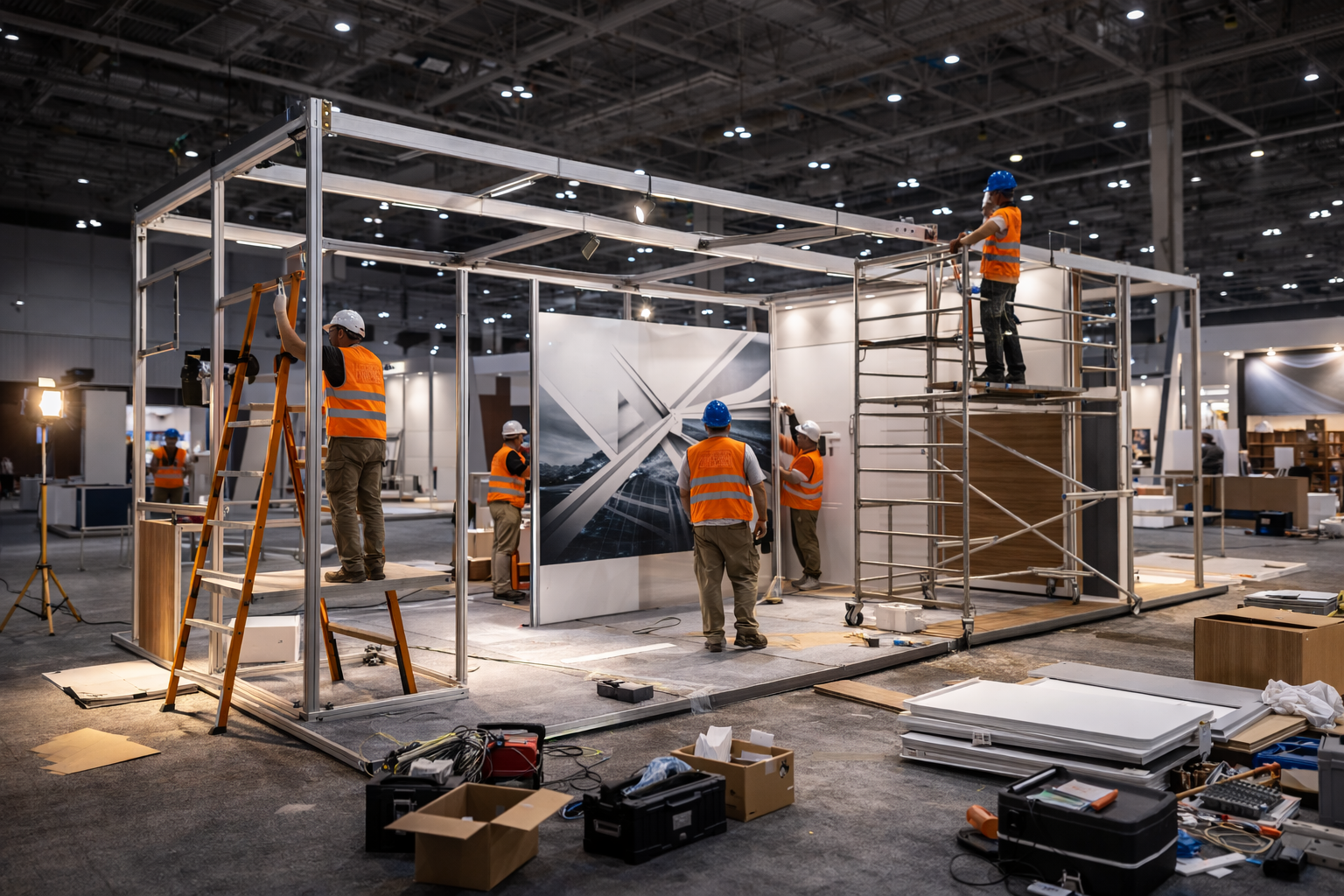 عملية تركيب وتنفيذ أجنحة معارض في الأردن داخل قاعة معرض