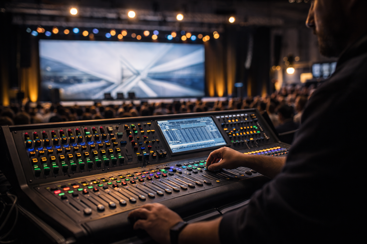 professional audio mixing console during corporate event in jordan for event audiovisual services