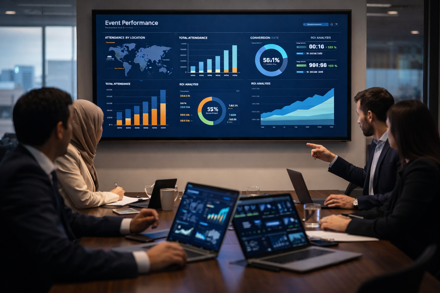 Event ROI measurement in jordan corporate team analyzing performance dashboard