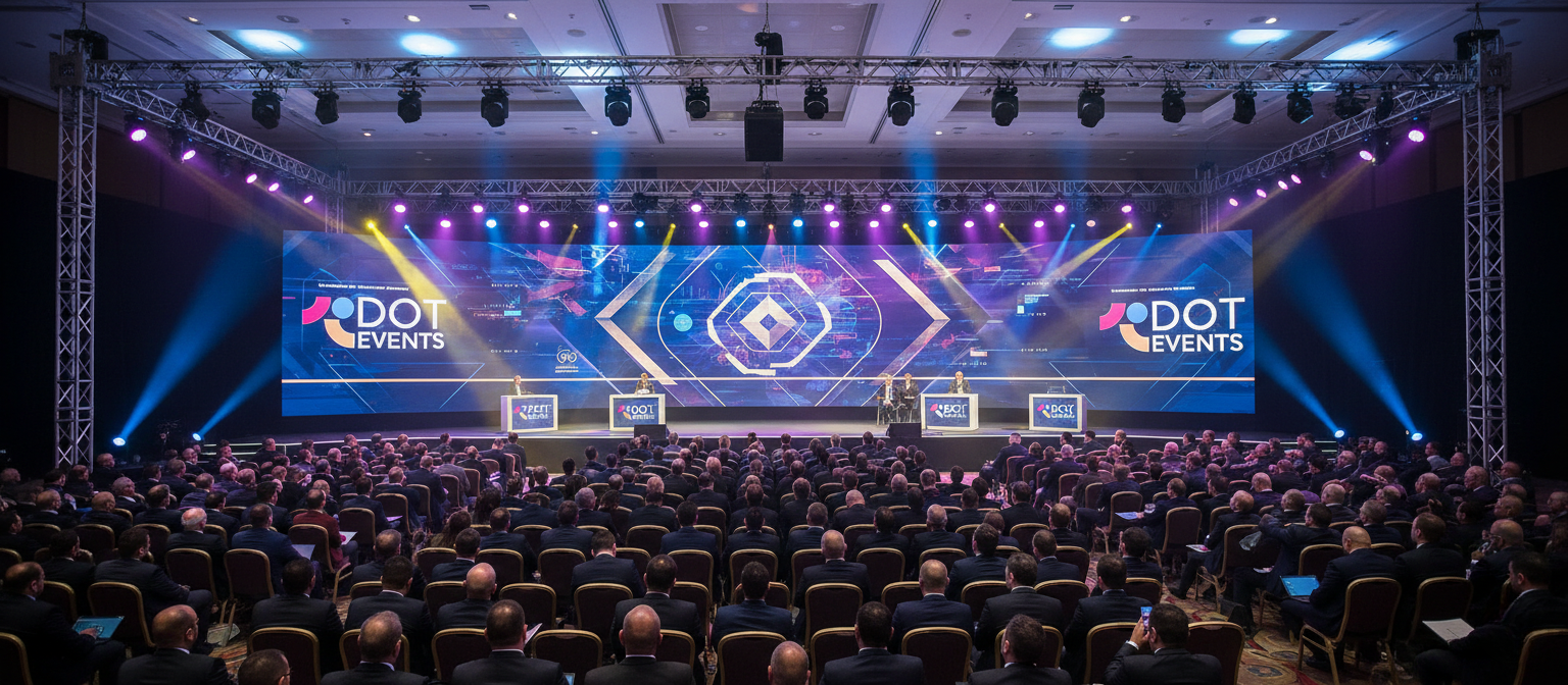 event production cost in jordan corporate conference stage with LED screen lighting and audience by Dot Event