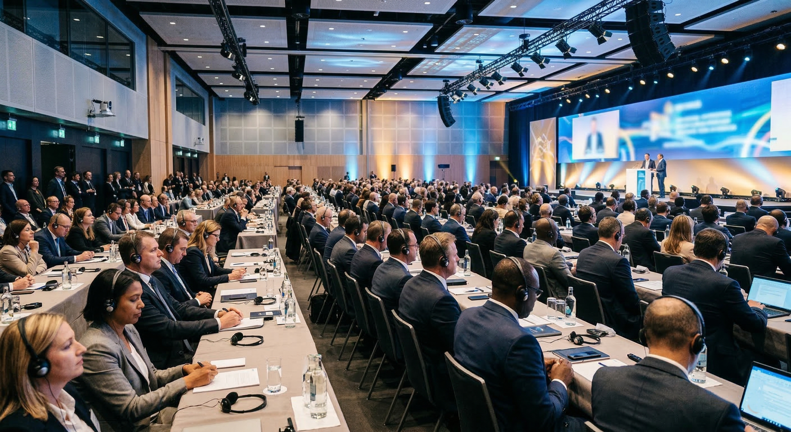 International corporate delegates utilizing translation equipment rental jordan during a high-stakes global summit