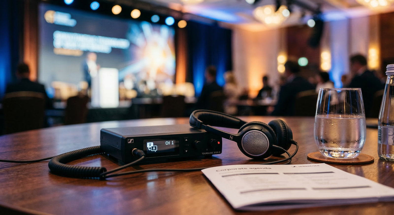 Close up of a digital translation headset receiver on a corporate boardroom table during a multilingual summit