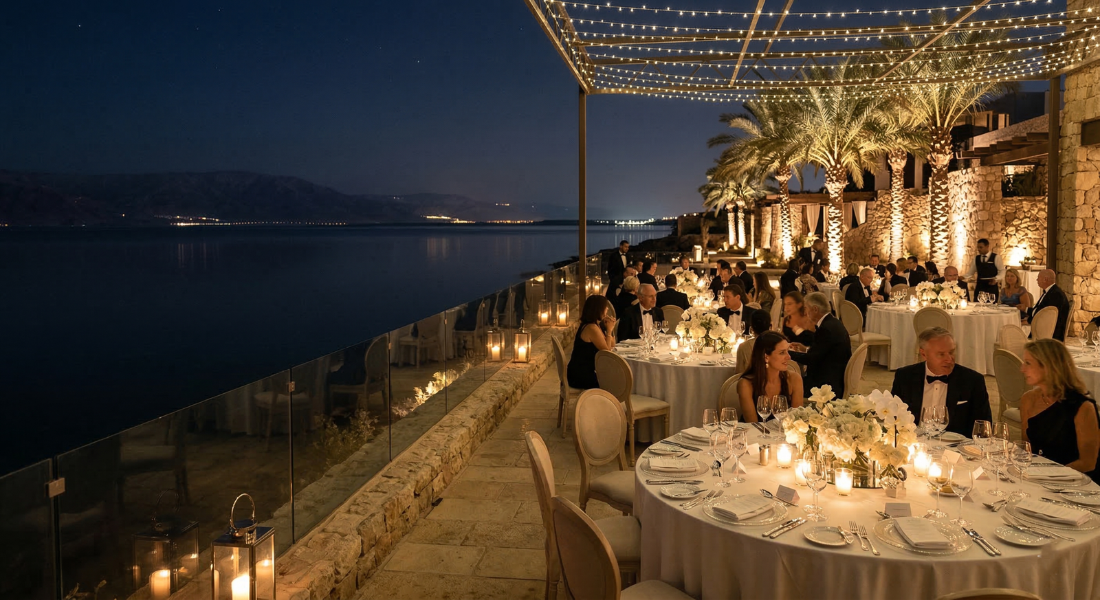 Elegant nighttime gala dinner setup with ambient lighting and premium stage design for corporate networking at the Dead Sea