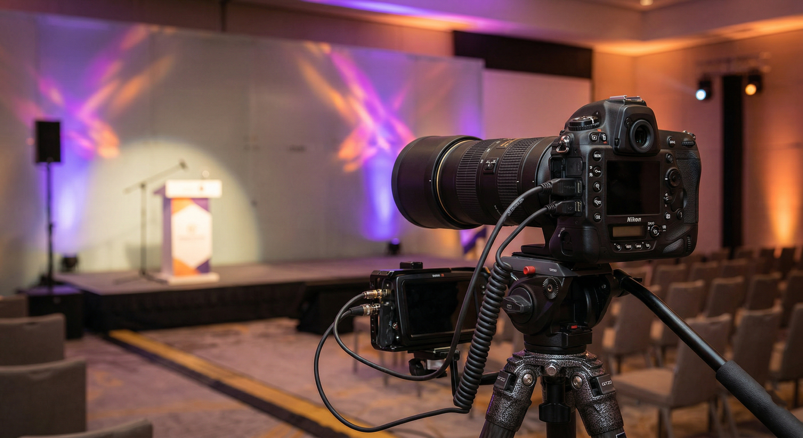 Professional event photography gear aimed at a beautifully lit corporate stage in Amman