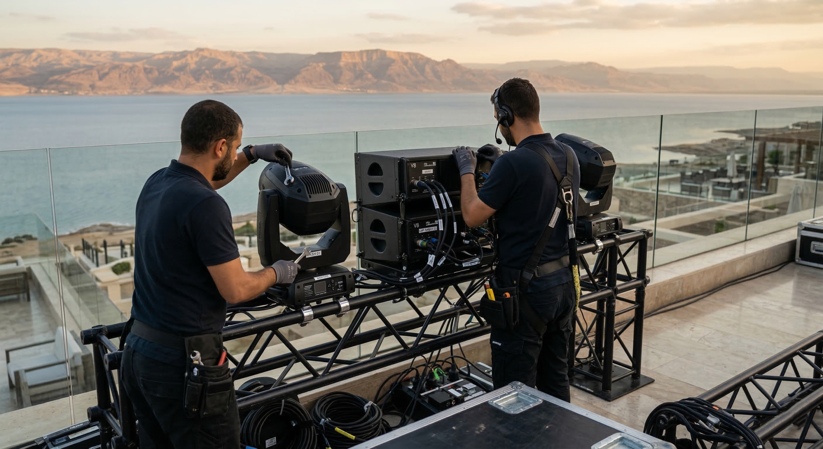 Technical event production setup with heavy-duty truss and lighting for corporate meetings at the Dead Sea