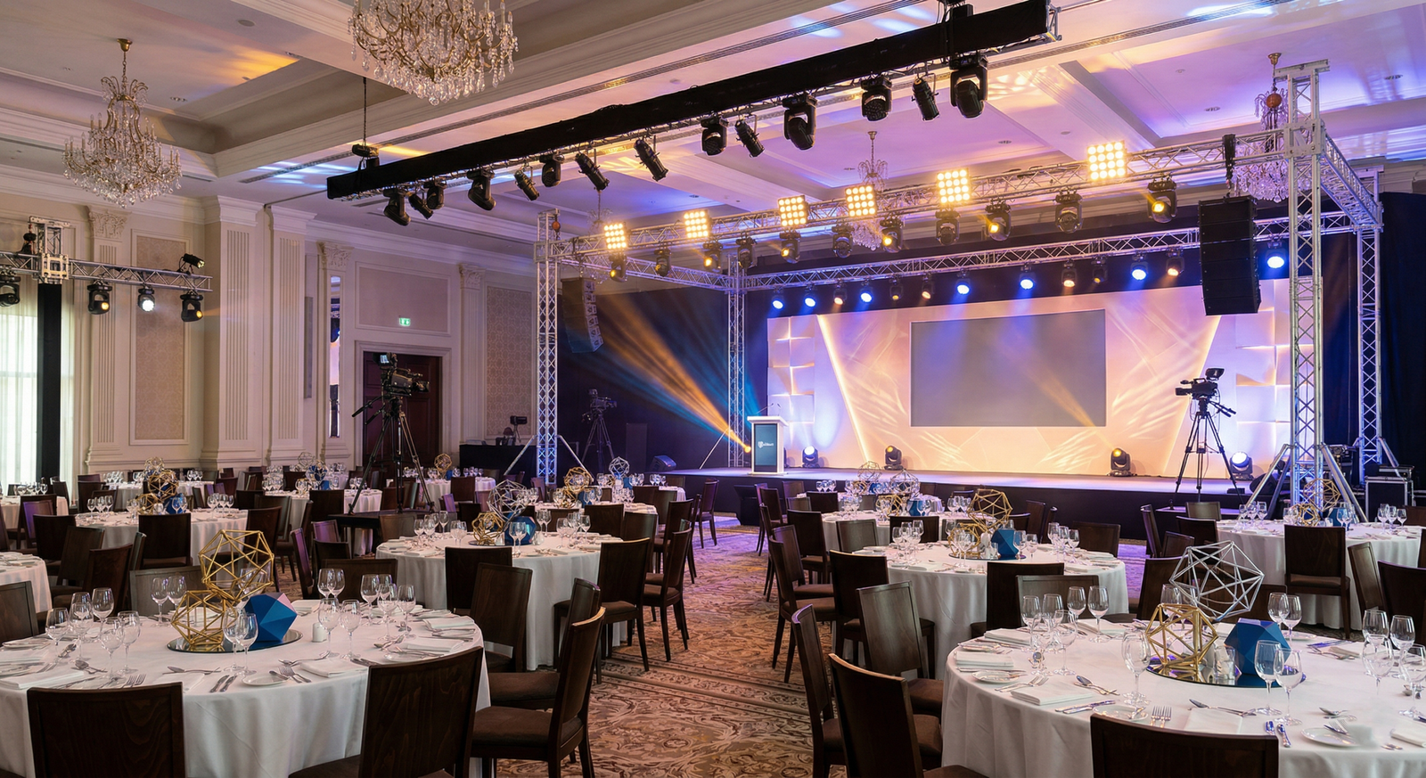 Luxurious empty ballroom in Amman set up for a corporate gala, highlighting the importance of lighting for event photography